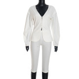 SC Solid Color V Neck Blazer Seven-Tenths Pants Two Piece Set GDSF-J25ST394
