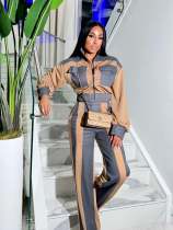 SC Denim Patchwork Contrast Color Two Piece Pants Set TE-4742