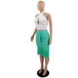SC Cross Halterneck Tops Tassel Skirt 2 Piece Set GYLY-9660
