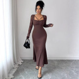SC Patchwork Lace Long Sleeve Ruched Long Dress GZJF-10193