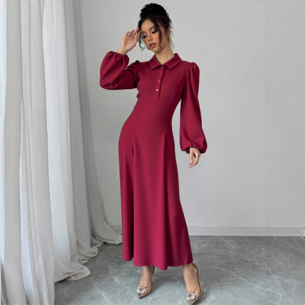 SC Single Breasted Solid Color Lantern Sleeve Long Dress GZJF-10192