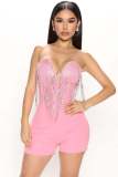 SC Rhinestone Deep V-Neck Tassel  Wrap Romper GYOM-8855