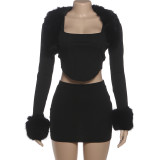 SC Long Sleeve Patchwork Furrzy Neck Three Piece Skirt Set GSLF-K25S85367