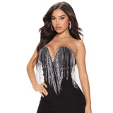 SC Rhinestone Deep V-Neck Tassel  Wrap Romper GYOM-8855