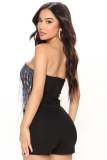 SC Rhinestone Deep V-Neck Tassel  Wrap Romper GYOM-8855