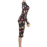 SC Print Long Sleeve Ruched Midi Dress GSLF-K25D83941