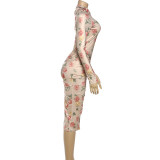SC Print Long Sleeve Ruched Midi Dress GSLF-K25D83941