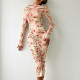 SC Print Long Sleeve Ruched Midi Dress GSLF-K25D83941