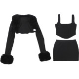 SC Long Sleeve Patchwork Furrzy Neck Three Piece Skirt Set GSLF-K25S85367