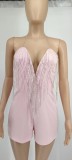 SC Rhinestone Deep V-Neck Tassel  Wrap Romper GYOM-8855