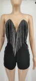 SC Rhinestone Deep V-Neck Tassel  Wrap Romper GYOM-8855