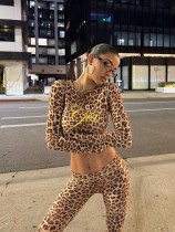 SC Leopard Print Long Sleeve Tops Seven-Tenths Pants Suit  YWXS-XS-45632