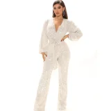 SC Sequin Deep V Neck Tie Up Jumpsuit GYOM-8794