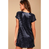 SC V Neck Short Sleeve Sequin Casual Dress GYOM-8885