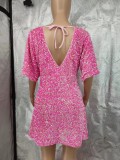 SC Plus Size V Neck Backless Sequin Mini Dress GYOM-8921
