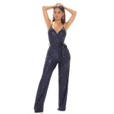 SC Sequin Sling V Neck Tie Up Jumpsuit GYOM-8817