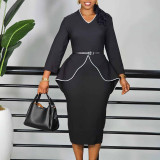 SC Plus Size Ruffles Long Sleeve Solid Color Pencil Dress GATE-D611