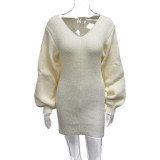 SC Solid Color V Neck Knits Mini Dress GQNF-Y00492DD