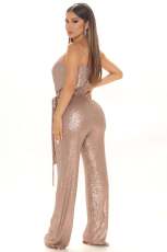 SC Sequin Sling V Neck Tie Up Jumpsuit GYOM-8817