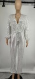 SC Sequin Deep V Neck Tie Up Jumpsuit GYOM-8794