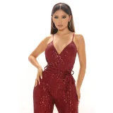 SC Sequin Sling V Neck Tie Up Jumpsuit GYOM-8817