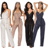 SC Sequin Sling V Neck Tie Up Jumpsuit GYOM-8817