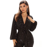 SC Sequin Deep V Neck Tie Up Jumpsuit GYOM-8794