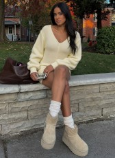 SC Solid Color V Neck Knits Mini Dress GQNF-Y00492DD