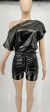 SC PU Leather Slash Shoulder Romper(With Belt) GYOM-8836