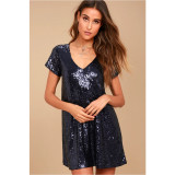 SC V Neck Short Sleeve Sequin Casual Dress GYOM-8885