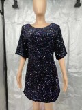 SC Plus Size V Neck Backless Sequin Mini Dress GYOM-8921