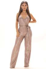 SC Sequin Sling V Neck Tie Up Jumpsuit GYOM-8817