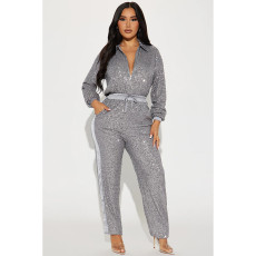 SC Long Sleeve Zipper Sequin Jumpsuit GYOM-8931
