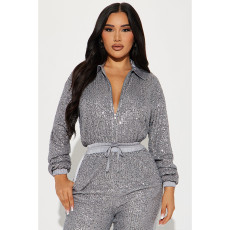 SC Long Sleeve Zipper Sequin Jumpsuit GYOM-8931