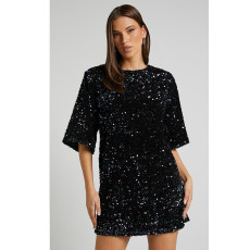 SC Plus Size V Neck Backless Sequin Mini Dress GYOM-8921