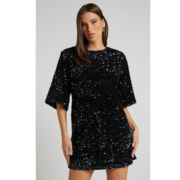 SC Plus Size V Neck Backless Sequin Mini Dress GYOM-8921