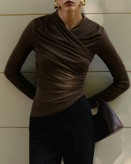 SC V Neck Ruched Solid Color Tops GQNF-Y00343TC