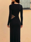 SC Button Metal Long-Sleeve Mesh Patchwork Maxi Dress GQNF-Y00440DC