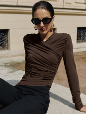 SC V Neck Ruched Solid Color Tops GQNF-Y00343TC