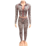 SC Leopard Print Zipper Coat Two Piece Pants Set GQNF-Y00264SC