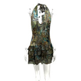 SC Irregular V Neck Print Backless MIni Dress GQNF-Y00229DC