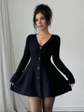 SC V Neck Long Sleeve Knits Mini Dress GQNF-F00126DM