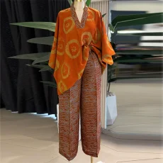 SC Print V Neck Bat Sleeve Print Two Piece Pants Set GCNE-73351