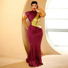 SC Contrast Color Short Sleeve Maxi Dress YF-10958