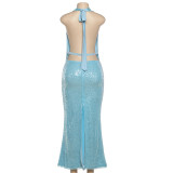 SC Sexy Tie Up Sequin Backless Maxi Dress XEF-K25D87175