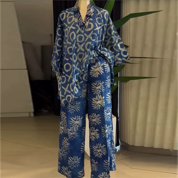 SC Print V Neck Bat Sleeve Print Two Piece Pants Set GCNE-73351