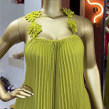 SC Sling Backless Press Pleated Maxi Dress GMSF-SU9439