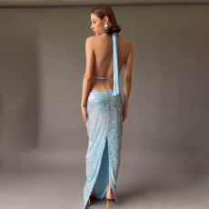 SC Sexy Tie Up Sequin Backless Maxi Dress XEF-K25D87175