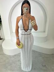 SC V Neck Halterneck Backless Knits Maxi Dress GQNF-F00043D