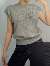 SC Embroidered Knit Solid Color Sleeveless Tops GQNF-Y00082TM